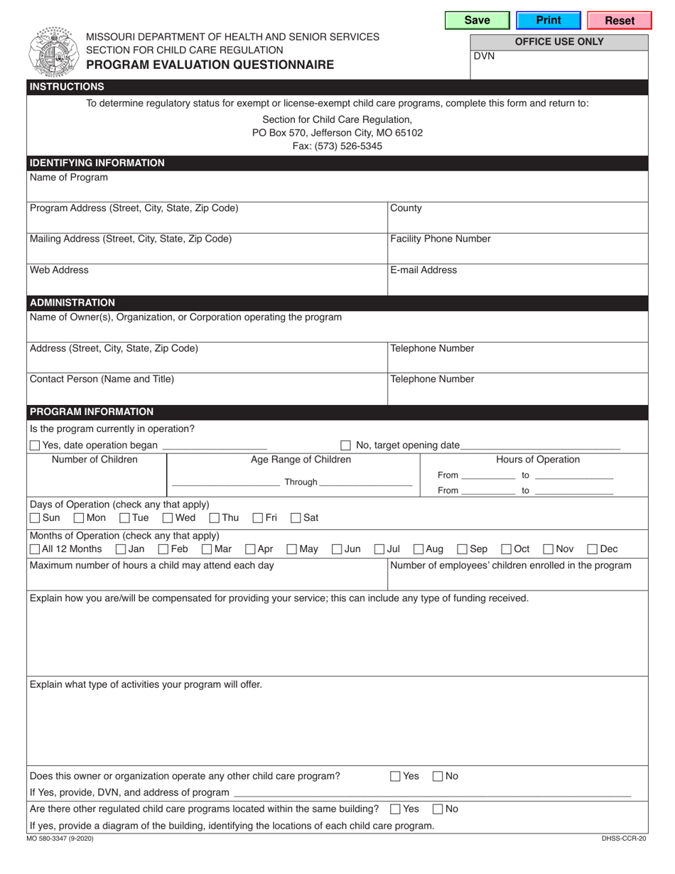 Form MO580-3347 Program Evaluation Questionnaire - Missouri, Page 1