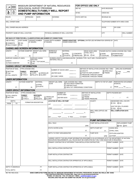 Form MO780-1902 Domestic/Multi-Family Well Report and Pump Information - Missouri