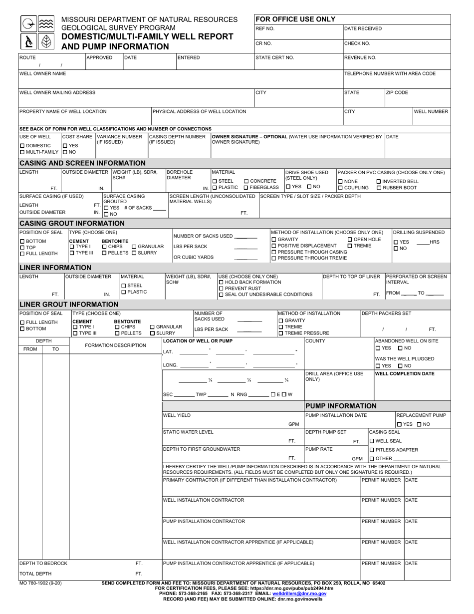 Form MO780-1902 Domestic / Multi-Family Well Report and Pump Information - Missouri, Page 1