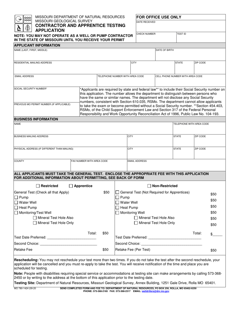 Form MO780-1424 Contractor and Apprentice Testing Application - Missouri, Page 1
