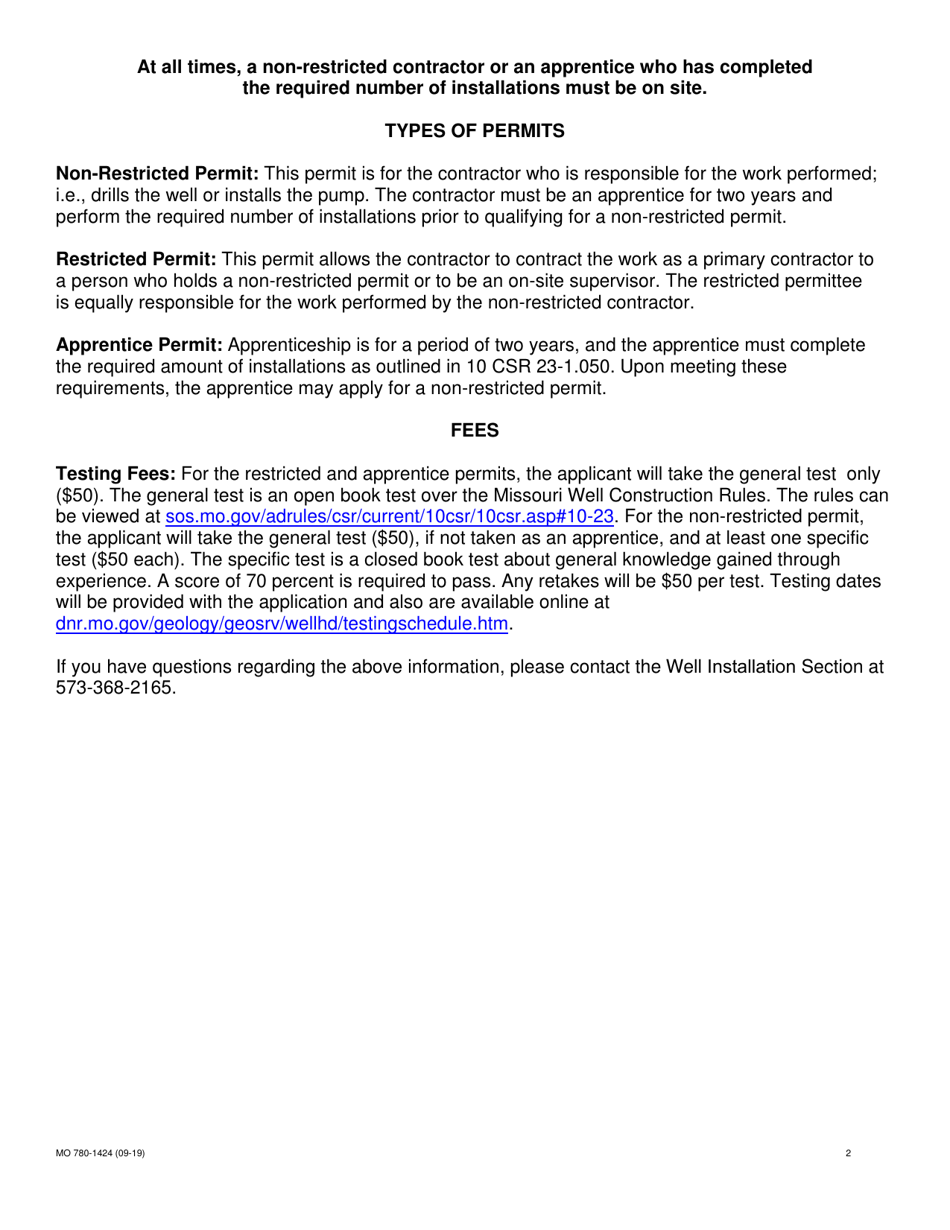 Form MO780-1424 Contractor and Apprentice Testing Application - Missouri, Page 2