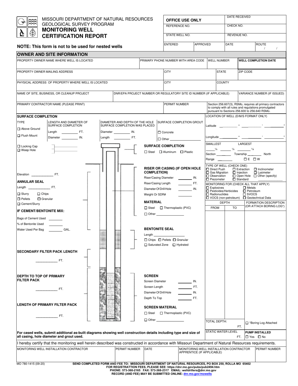 Form MO780-1415 Monitoring Well Certification Report - Missouri, Page 1