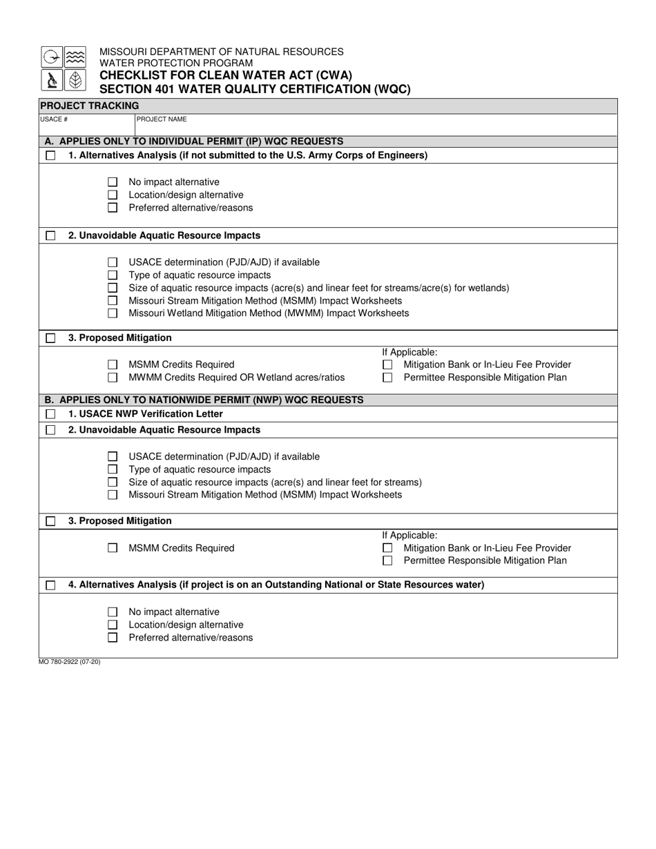 Form MO780-2922 Checklist for Clean Water Act (Cwa) Section 401 Water Quality Certification (Wqc) - Missouri, Page 1