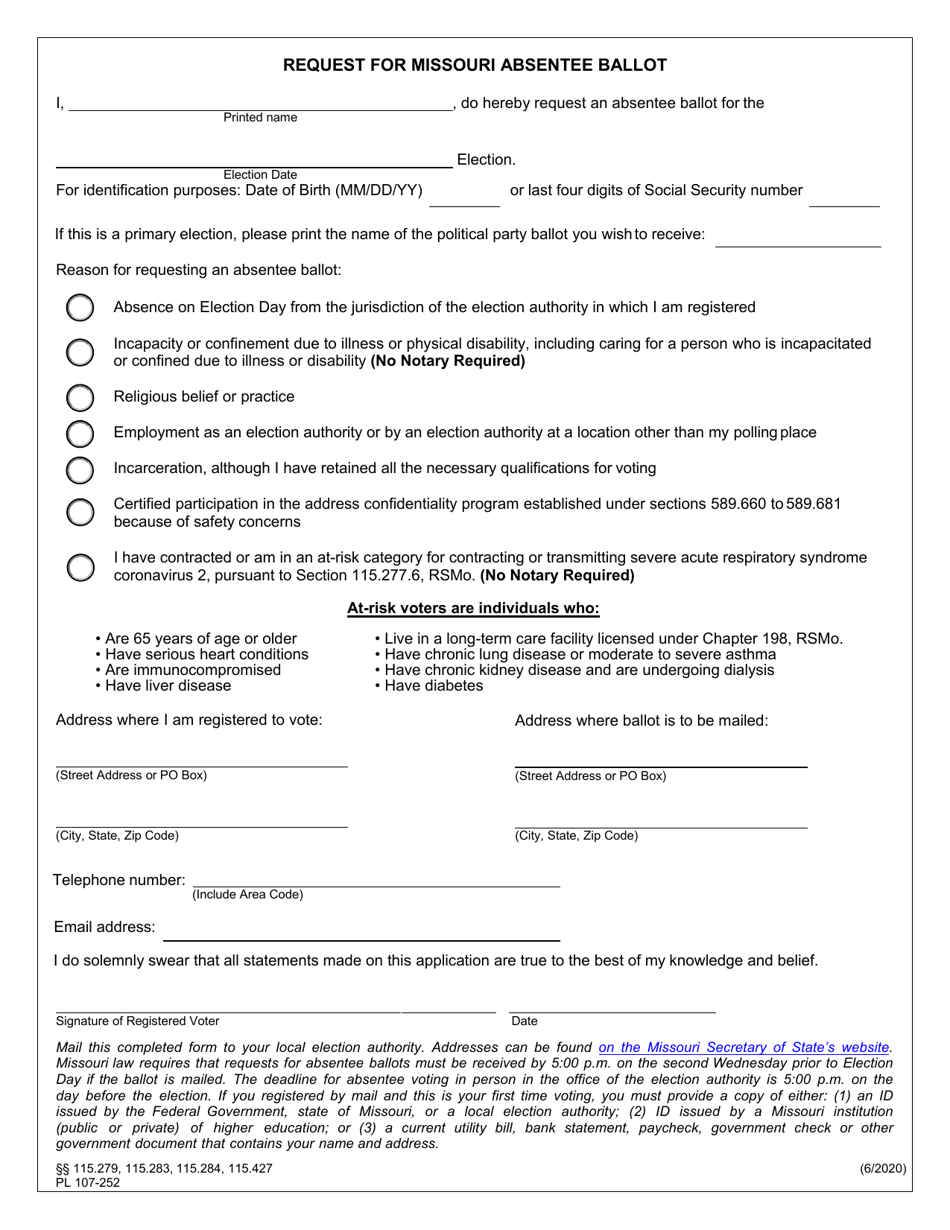 Missouri Request for Missouri Absentee Ballot Download Fillable PDF Templateroller