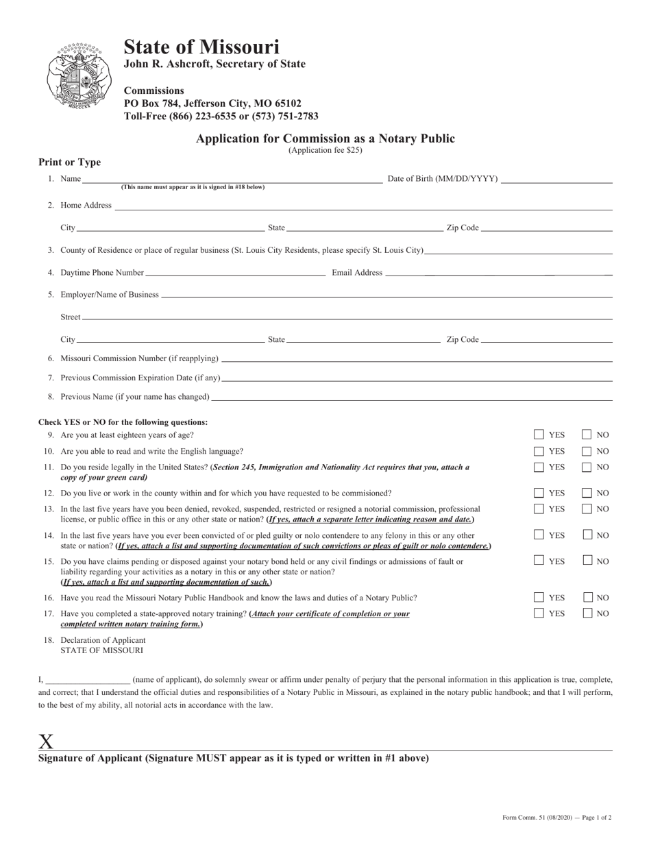 Form COMM.51 Application for Commission as a Notary Public - Missouri, Page 1