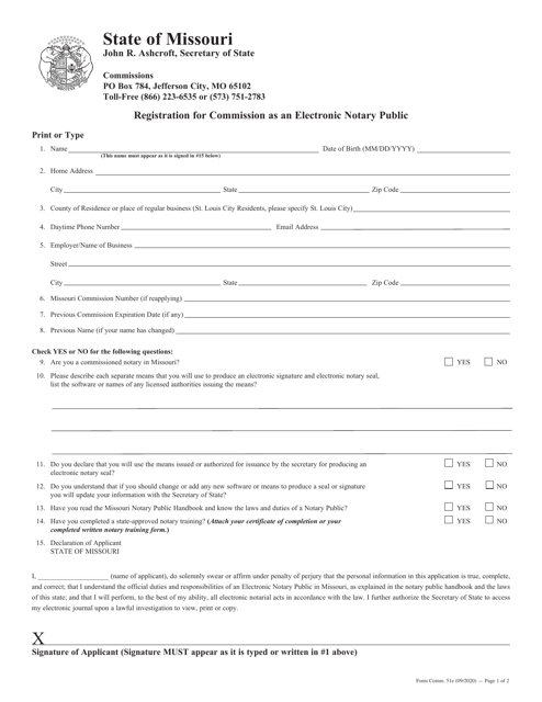 Form COMM.51E Registration for Commission as an Electronic Notary Public - Missouri