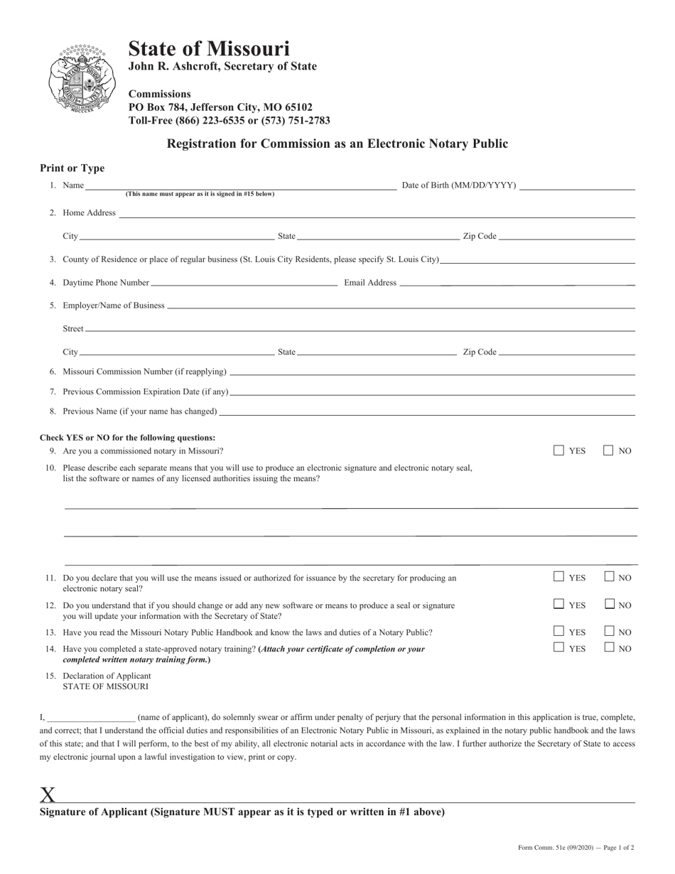 Form COMM.51E Registration for Commission as an Electronic Notary Public - Missouri, Page 1