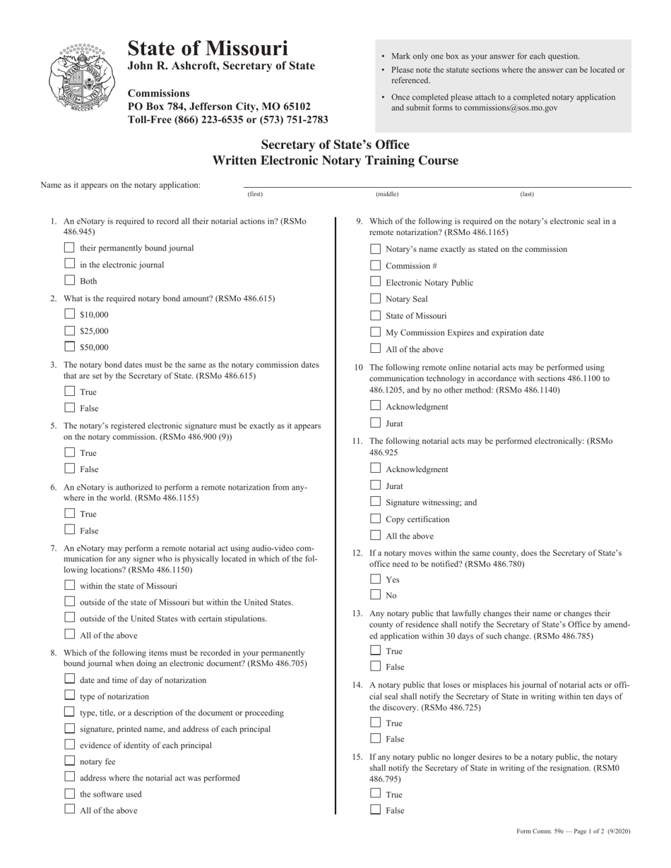 Form COMM.59E Written Electronic Notary Training Course - Missouri, Page 1