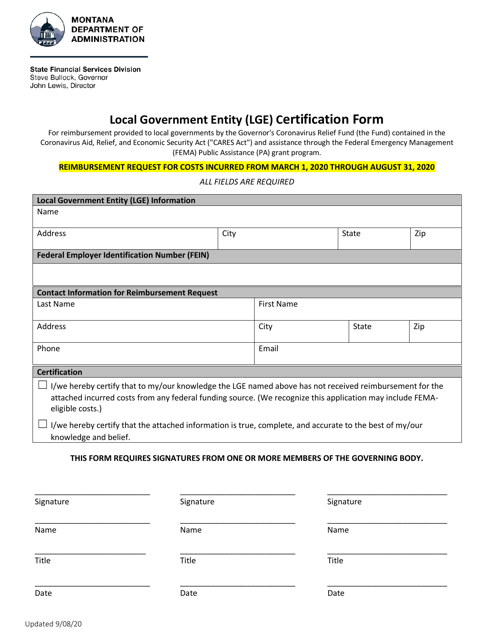 Local Government Entity (Lge) Certification Form - Montana Download Pdf