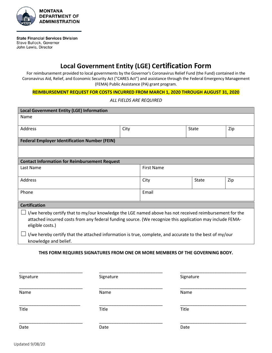 Local Government Entity (Lge) Certification Form - Montana, Page 1