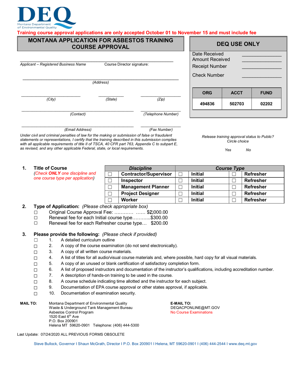 Montana Application for Asbestos Training Course Approval - Montana, Page 1