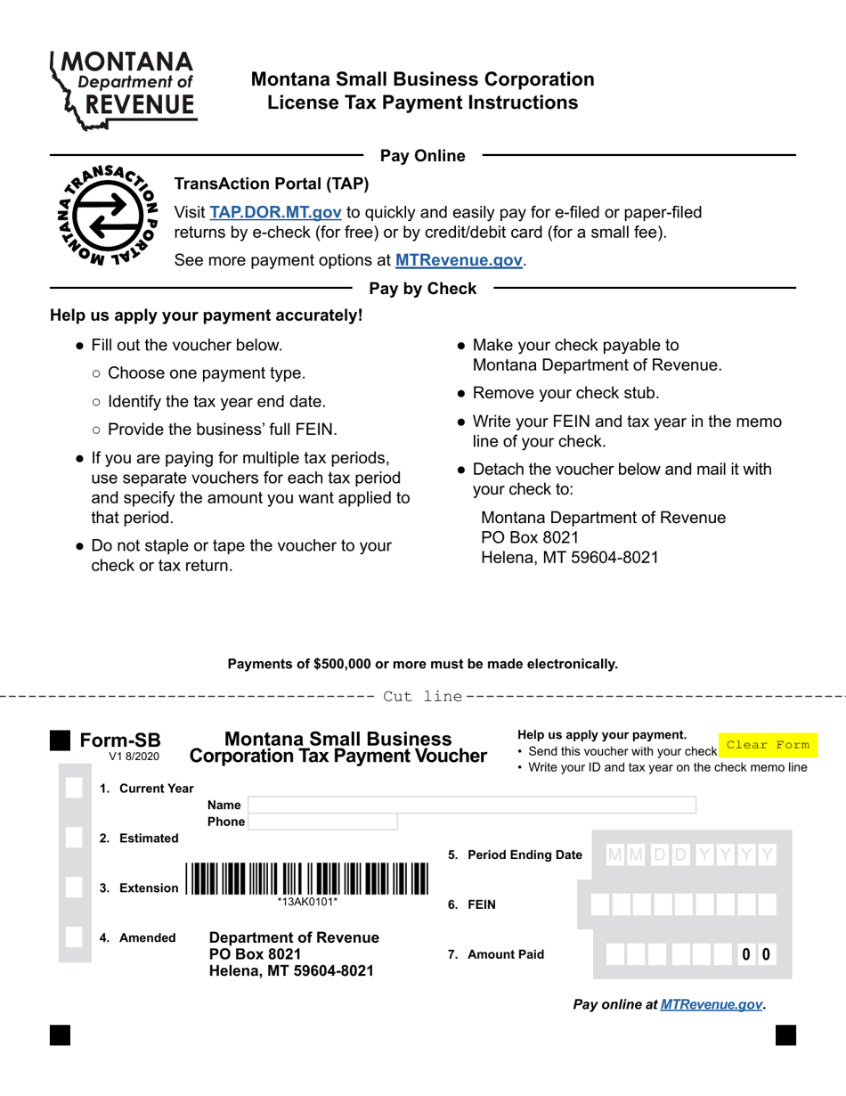 Form SB Montana Small Business Corporation Tax Payment Voucher - Montana, Page 1