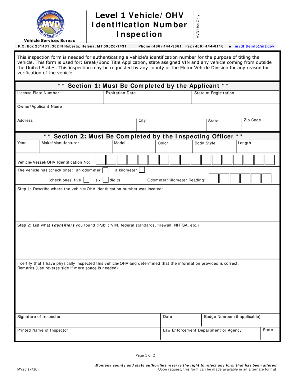 Form MV20 Level 1 Vehicle/OHV Identification Number Inspection - Montana, Page 1