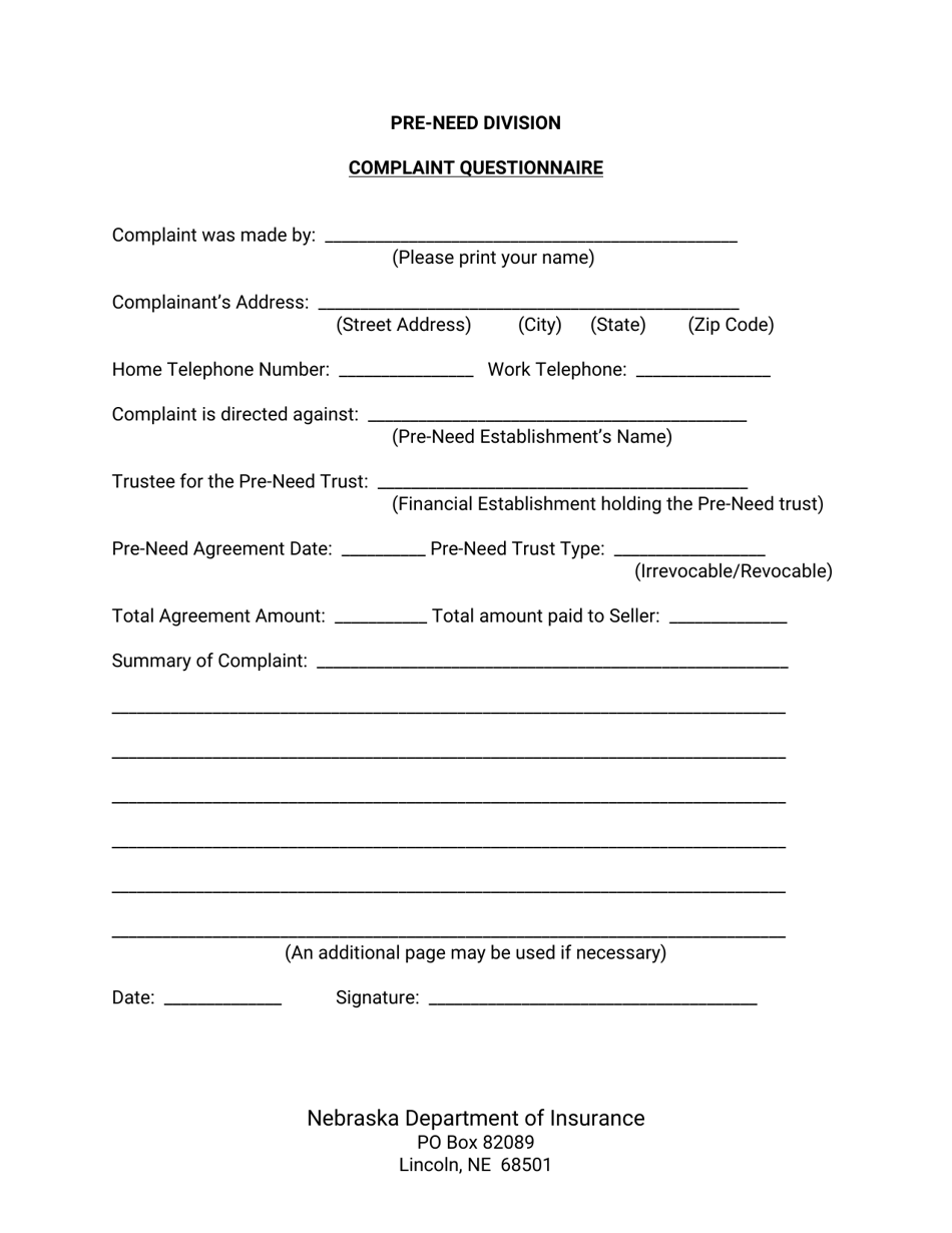 Nebraska Pre-need Complaint Questionnaire Download Printable PDF ...