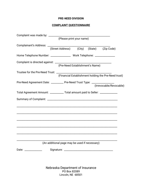 Nebraska Pre-need Complaint Questionnaire Download Printable Pdf 