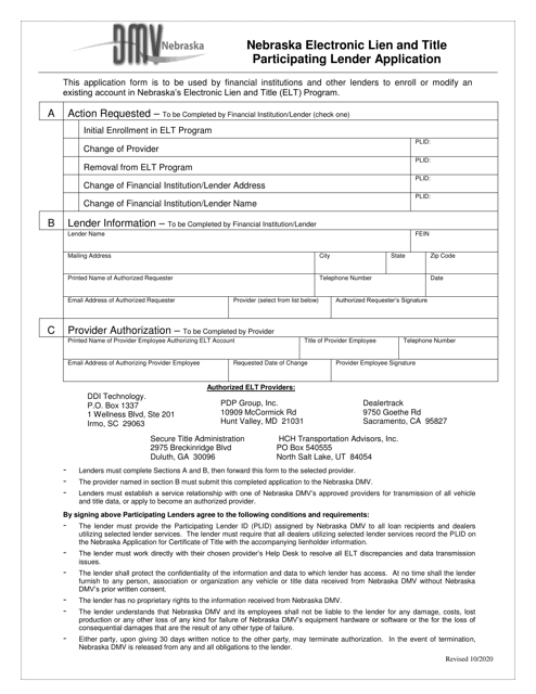 Nebraska Electronic Lien and Title Participating Lender Application - Nebraska Download Pdf