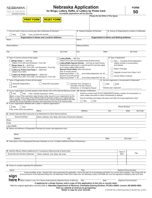 Form 50 Nebraska Application for Bingo, Lottery, Raffle, or Lottery by Pickle Card - Nebraska