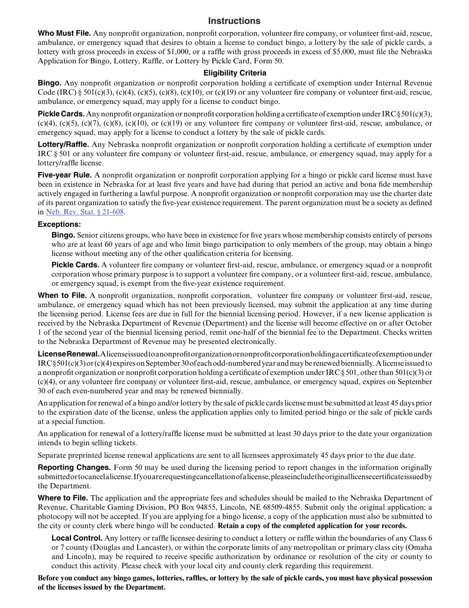 Form 50 Nebraska Application for Bingo, Lottery, Raffle, or Lottery by Pickle Card - Nebraska, Page 2