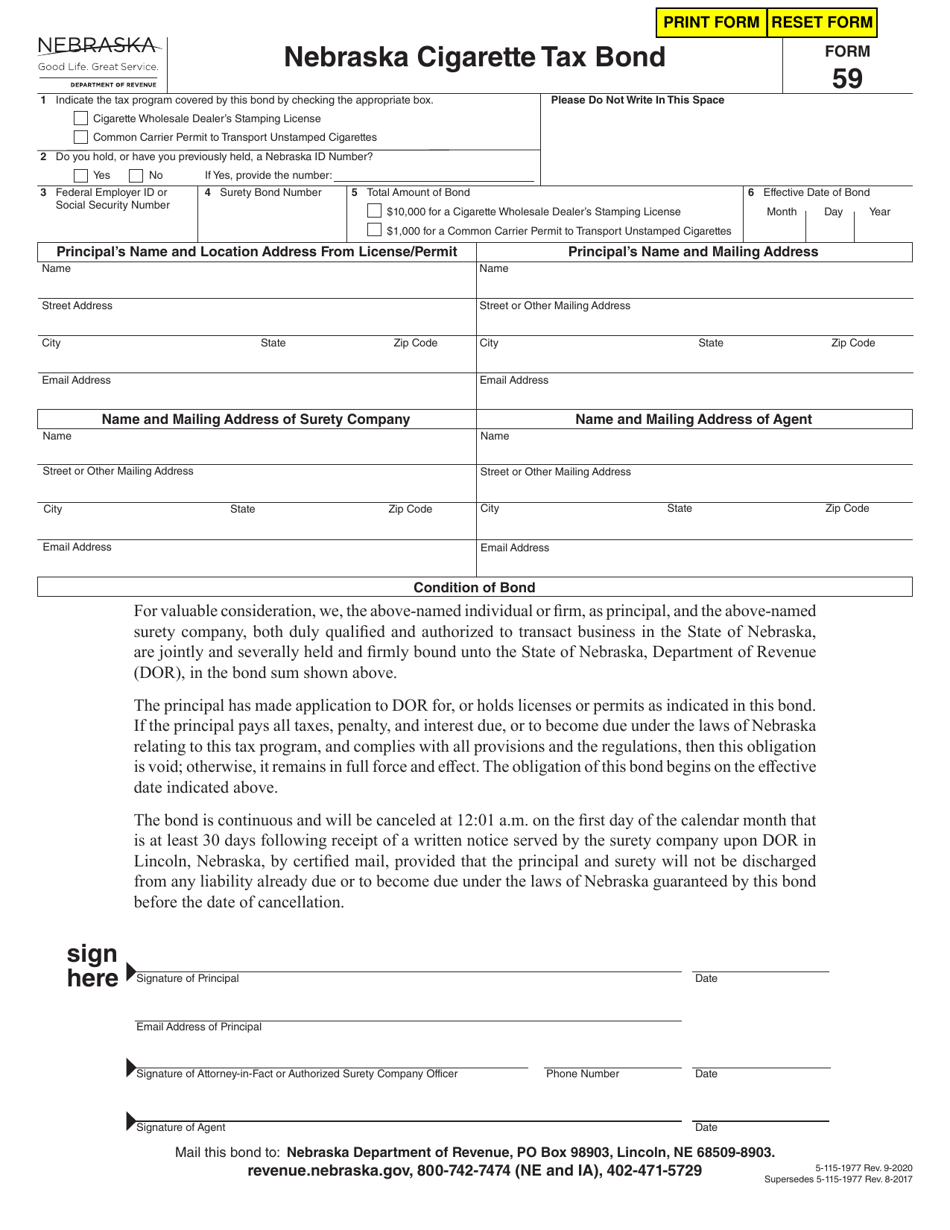 Form 59 Nebraska Cigarette Tax Bond - Nebraska, Page 1