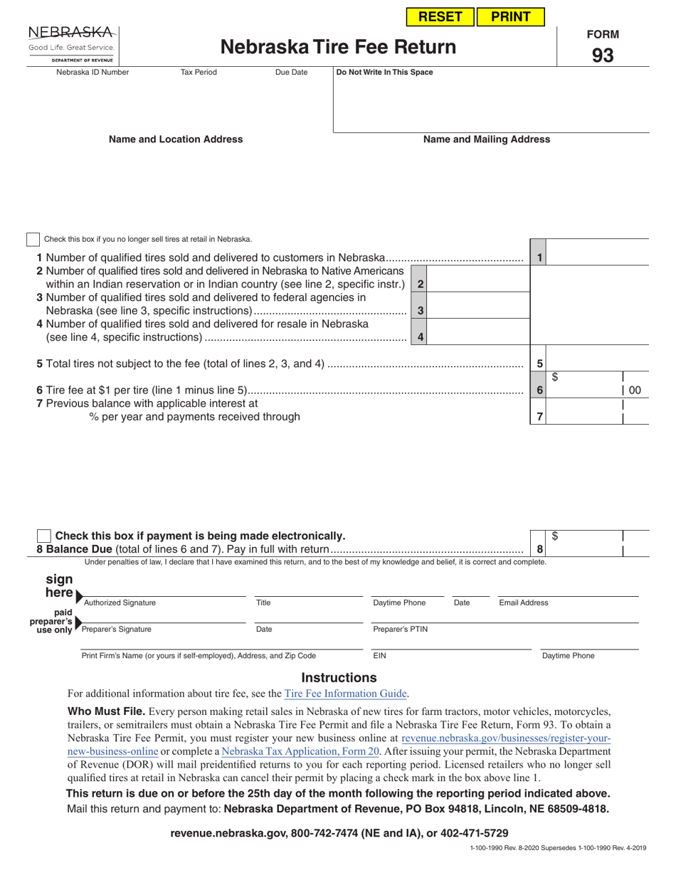 Form 93 Nebraska Tire Fee Return - Nebraska, Page 1