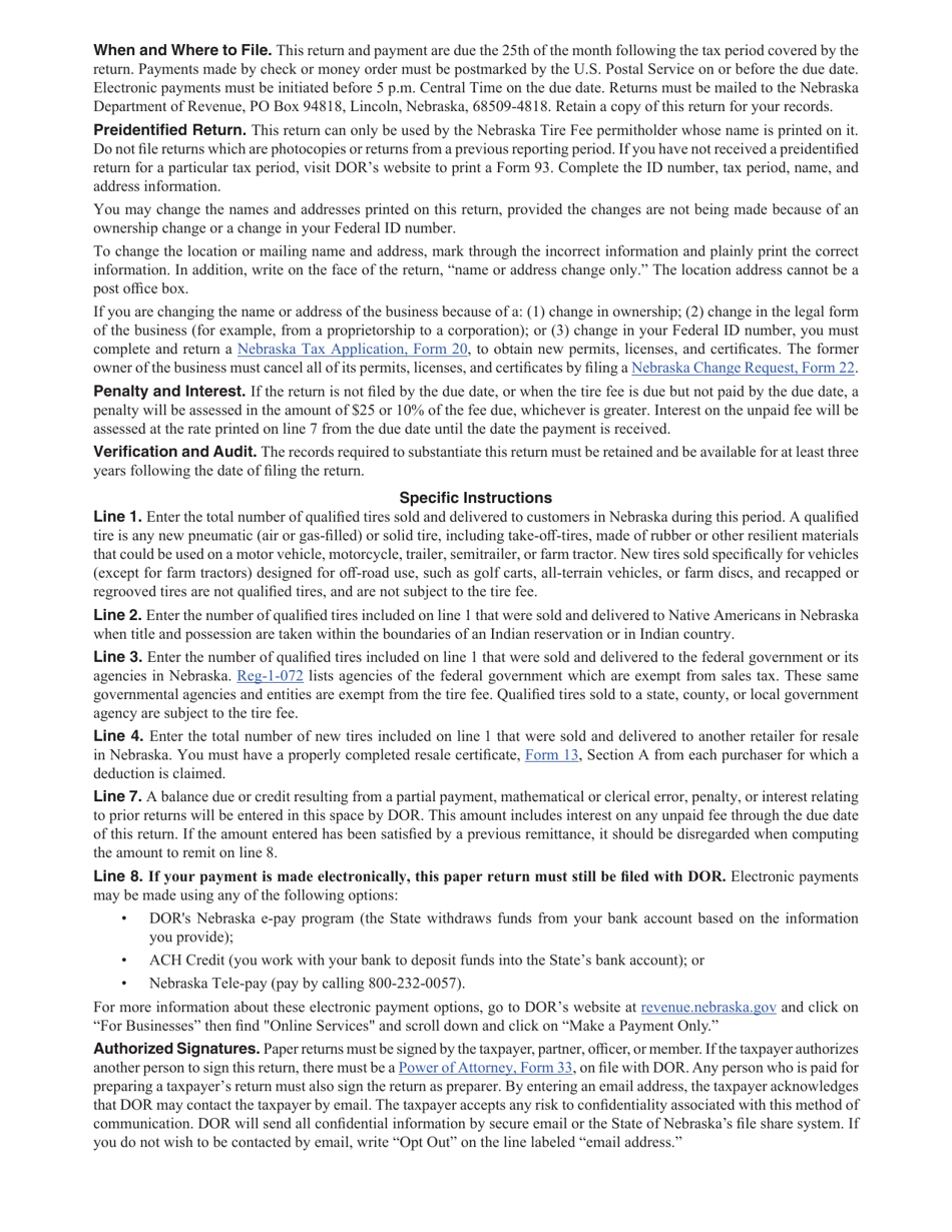 Form 93 Nebraska Tire Fee Return - Nebraska, Page 2
