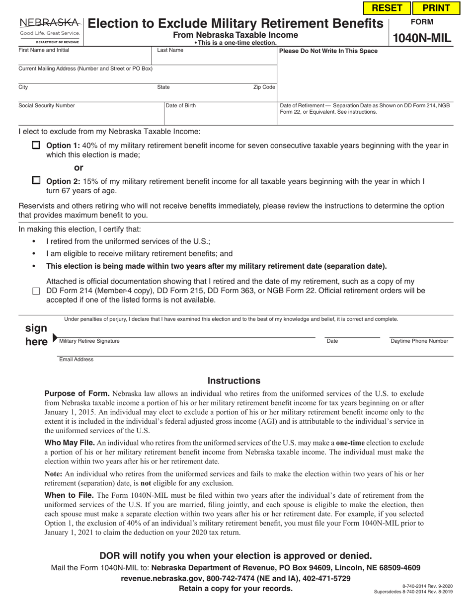 Form 1040N-MIL Election to Exclude Military Retirement Benefits - Nebraska, Page 1