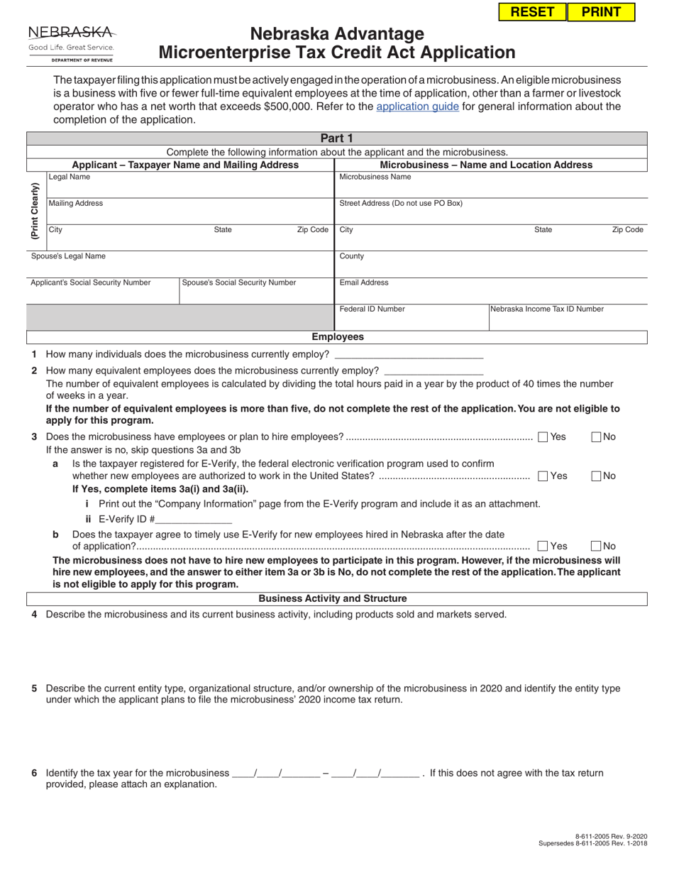 Nebraska Advantage Microenterprise Tax Credit Act Application - Nebraska, Page 1