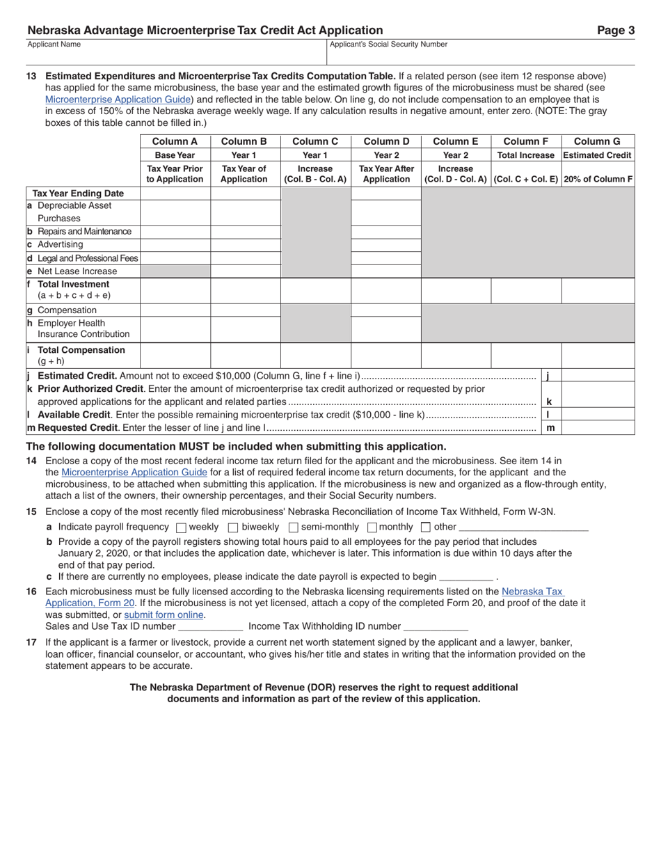 Nebraska Advantage Microenterprise Tax Credit Act Application - Nebraska, Page 3