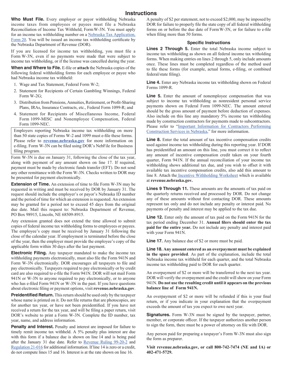 Form W-3N Nebraska Reconciliation of Income Tax Withheld - Nebraska, Page 2