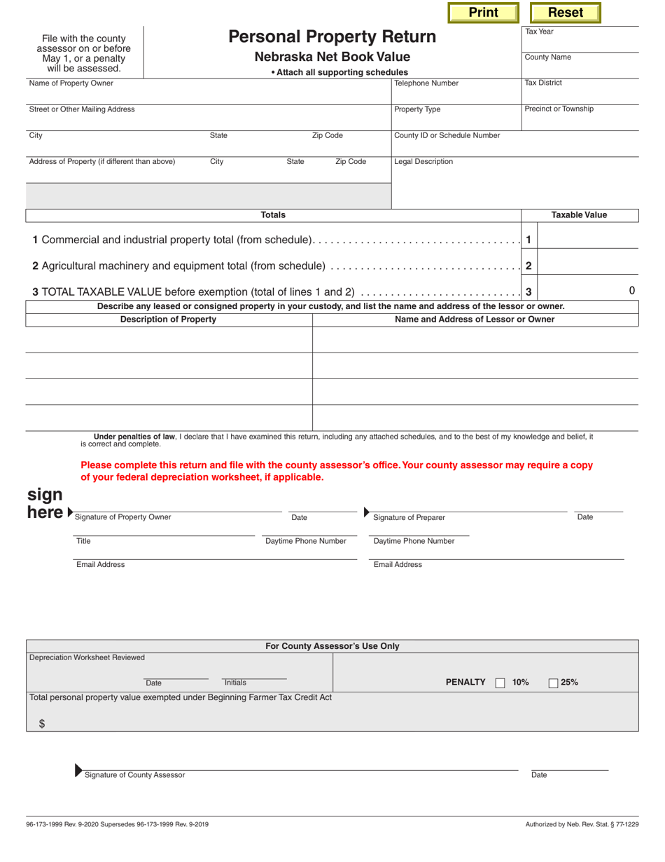 Personal Property Return Nebraska Net Book Value - Nebraska, Page 1