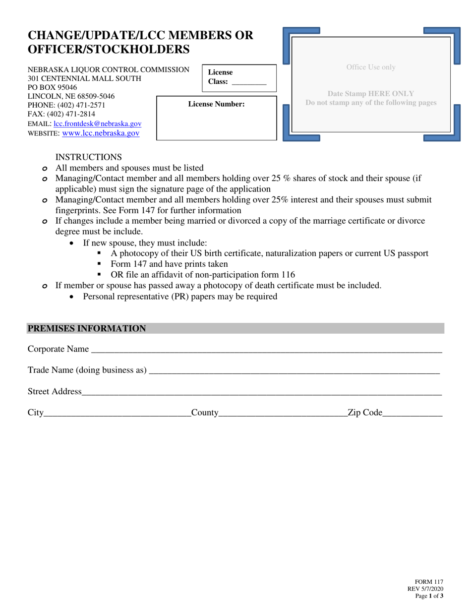 Form 117 Change / Update / Lcc Members or Officer / Stockholders - Nebraska, Page 1