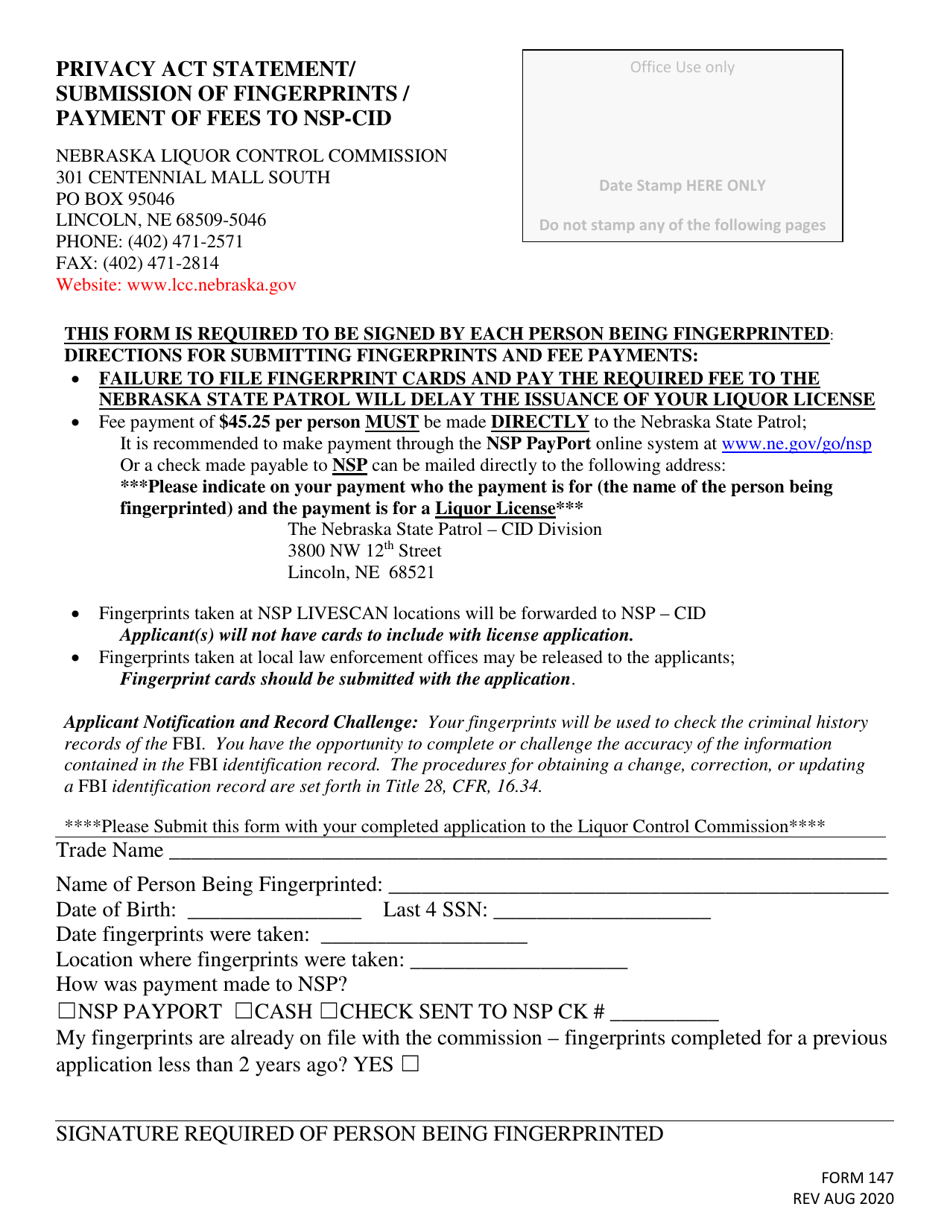 Form 147 Privacy Act Statement / Submission of Fingerprints / Payment of Fees to Nsp-Cid - Nebraska, Page 1