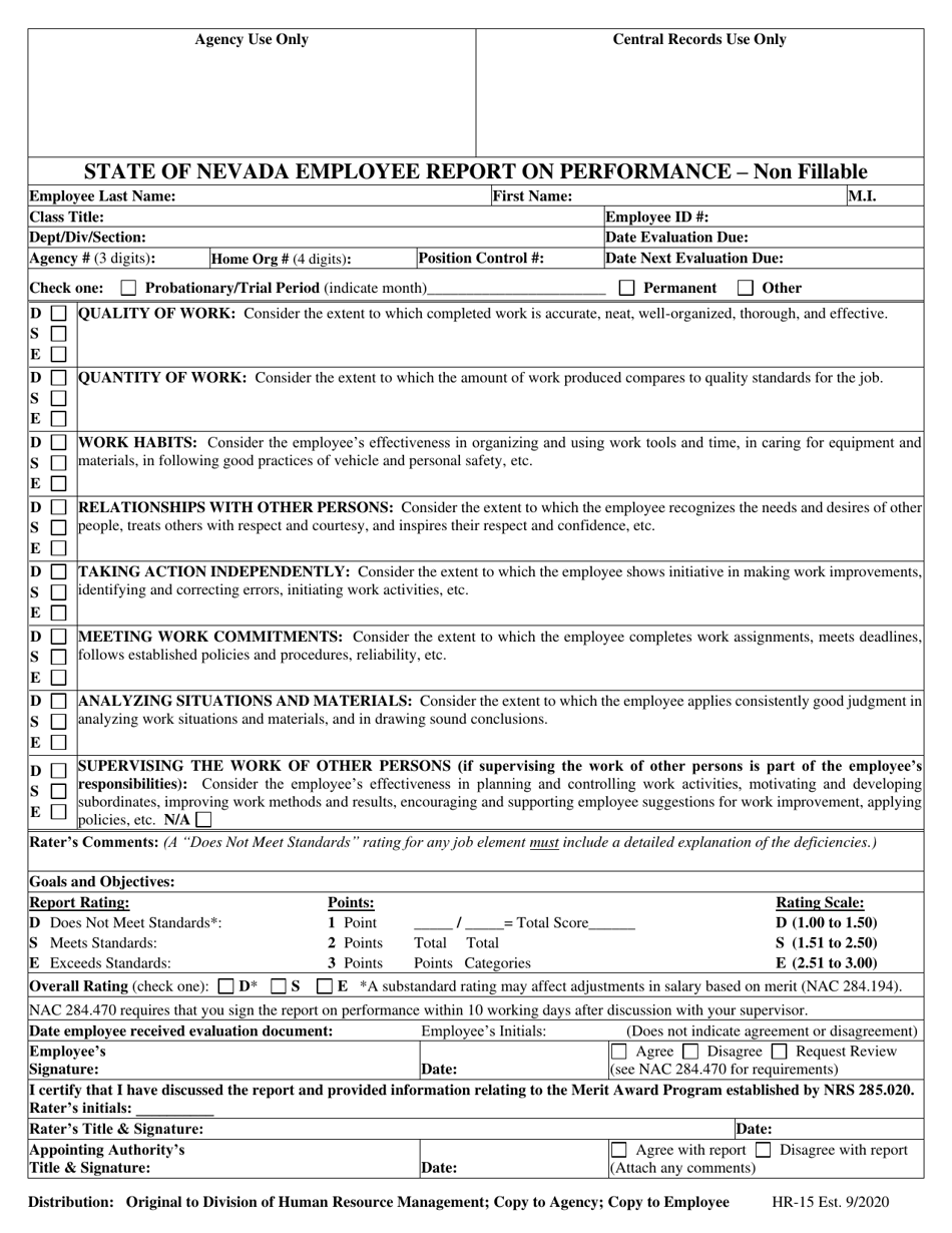 Form HR-15 Employee Report on Performance - Nevada, Page 1
