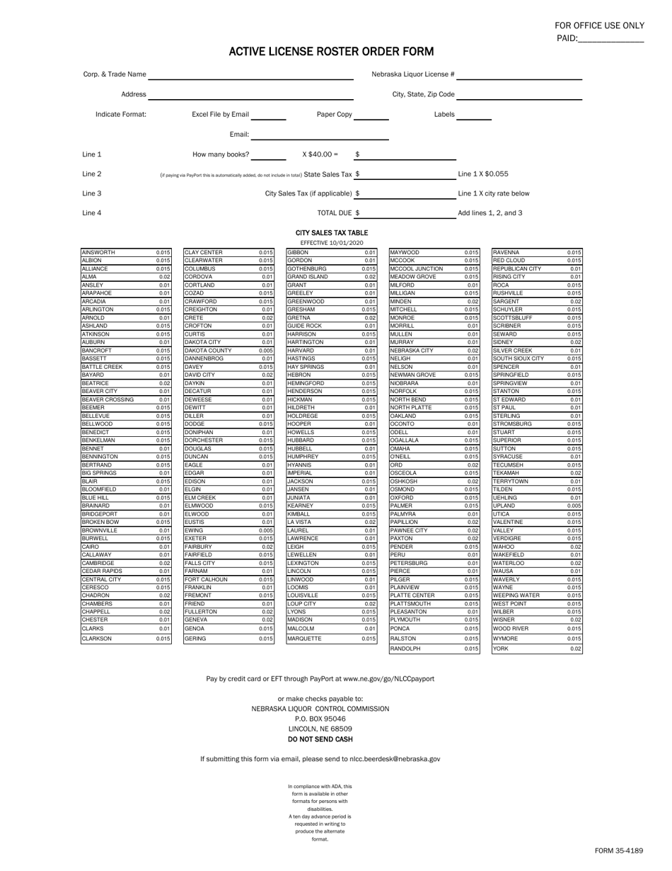 Form 35-4189 Active License Roster Order Form - Nebraska, Page 1