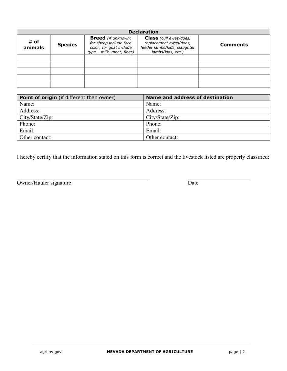 Owner / Hauler Statement for Sheep / Goats - Nevada, Page 2