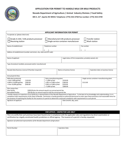 Application for Permit to Handle Milk or Milk Products - Nevada Download Pdf