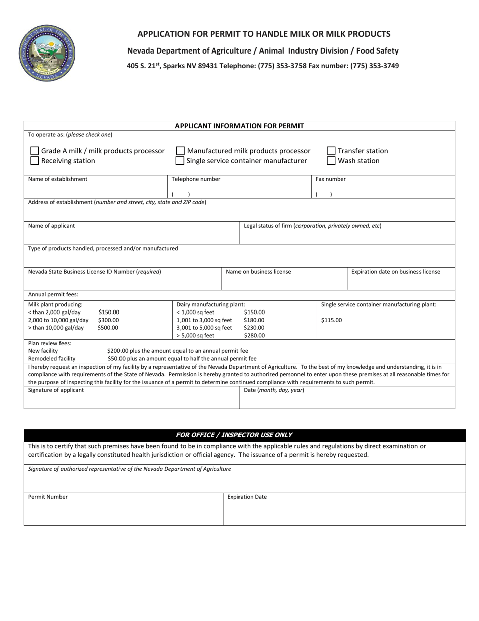 Application for Permit to Handle Milk or Milk Products - Nevada, Page 1