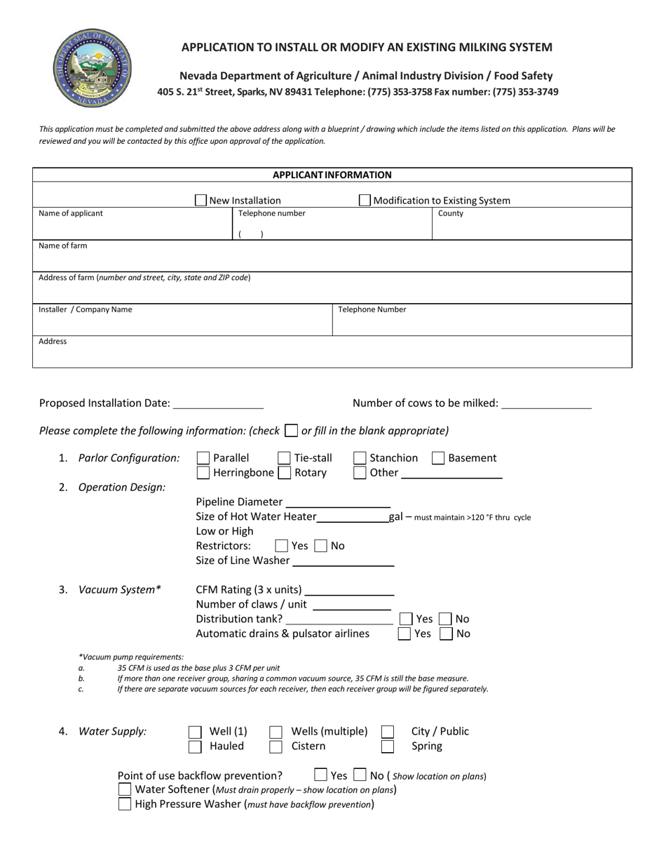 Application to Install or Modify an Existing Milking System - Nevada, Page 1
