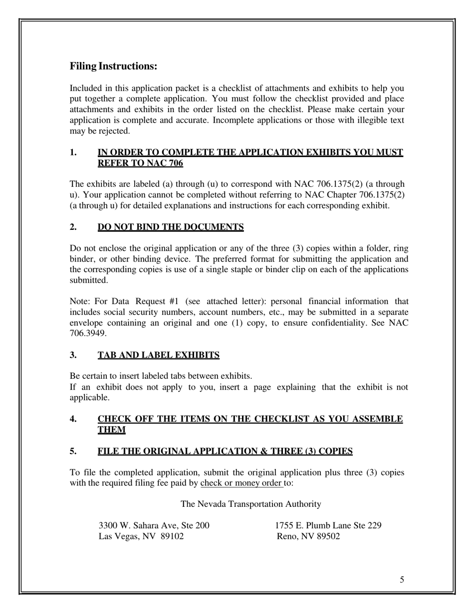 Application for a New or Expanded Certificate or Order and Permit to Transport Passengers or Household Goods - Nevada, Page 5