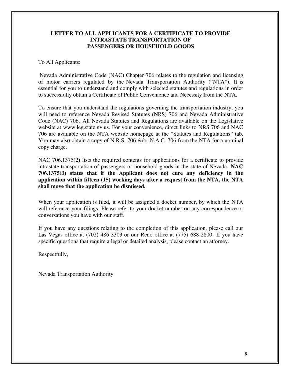 Application for a New or Expanded Certificate or Order and Permit to Transport Passengers or Household Goods - Nevada, Page 8