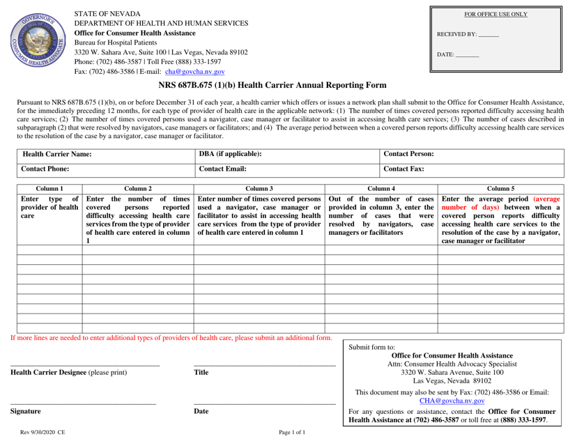 Nrs 687b.675 (1)(B) Health Carrier Annual Reporting Form - Nevada Download Pdf