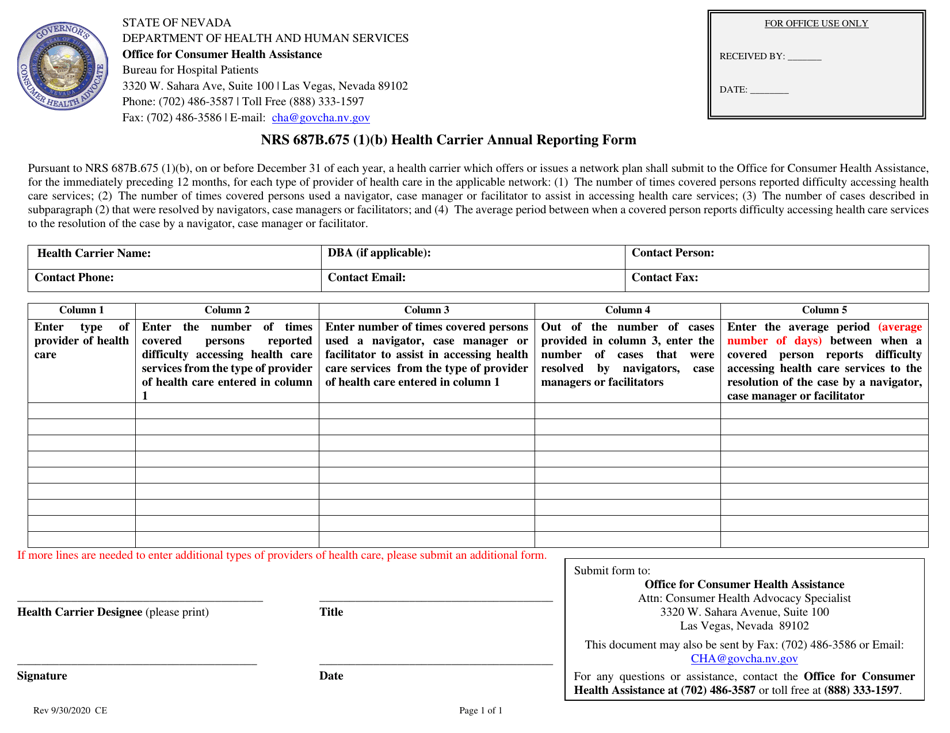 Nrs 687b.675 (1)(B) Health Carrier Annual Reporting Form - Nevada, Page 1