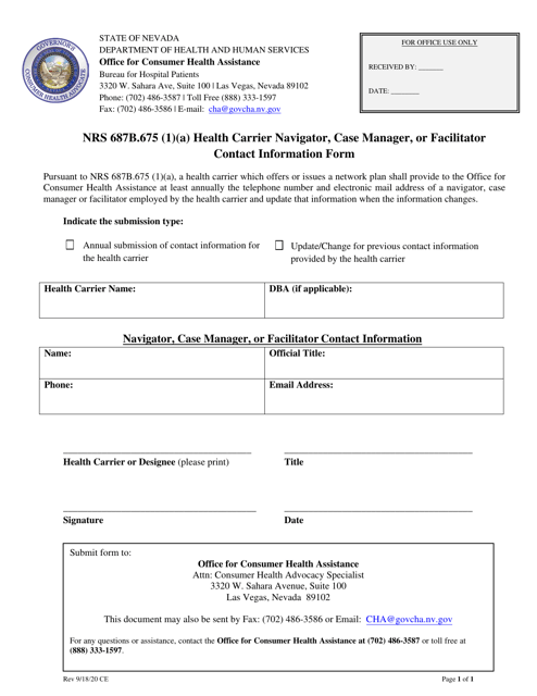 Nrs 687b.675 (1)(A) Health Carrier Navigator, Case Manager, or Facilitator Contact Information Form - Nevada Download Pdf