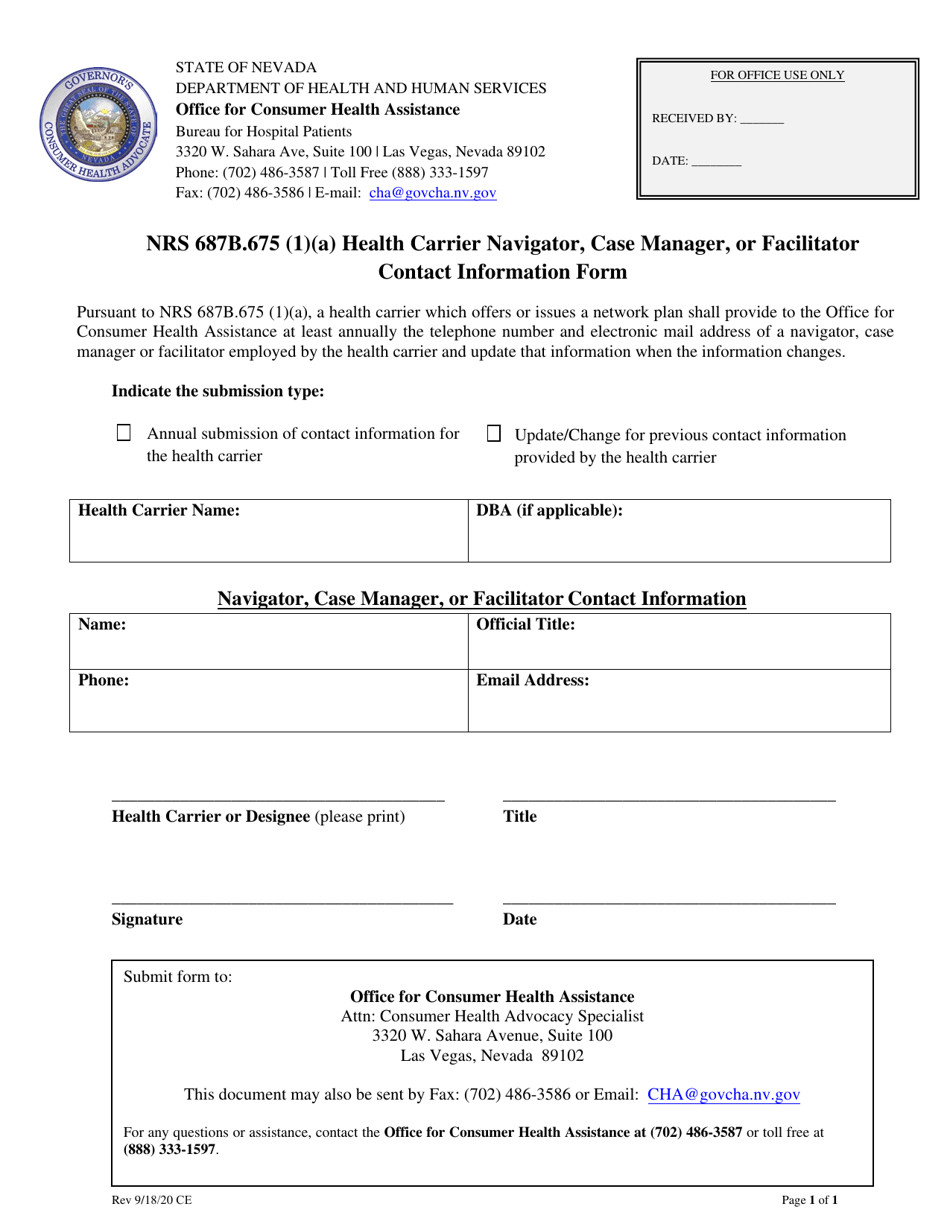 Nrs 687b.675 (1)(A) Health Carrier Navigator, Case Manager, or Facilitator Contact Information Form - Nevada, Page 1
