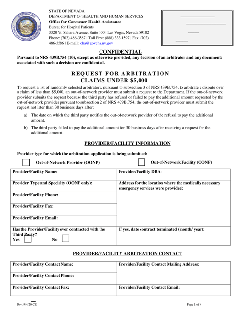 Request for Arbitration Claims Under $5,000 - Nevada Download Pdf