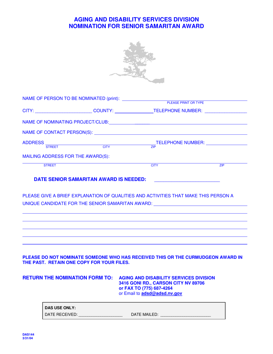 Form DAS144 Nomination for Senior Samaritan Award - Nevada, Page 1