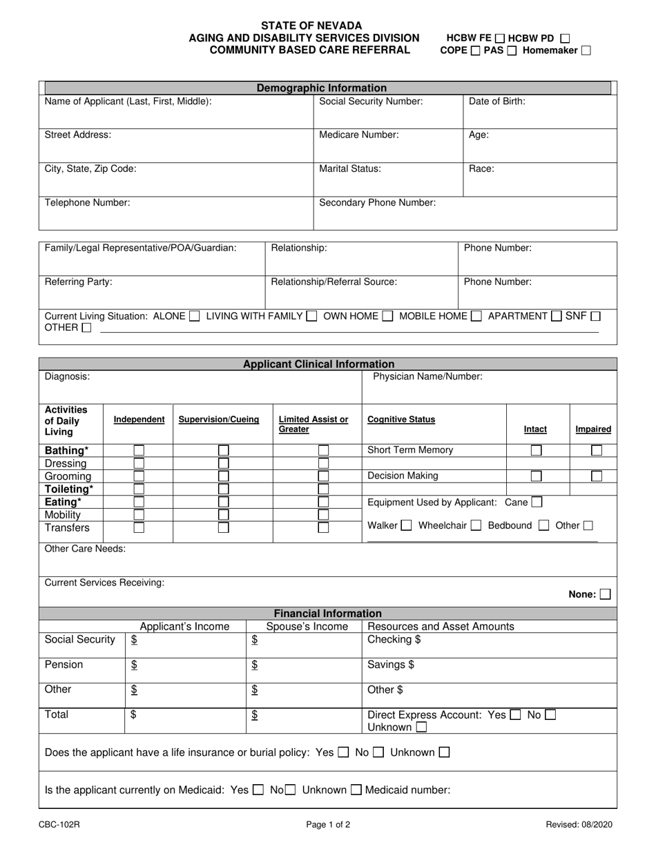 Form CBC-102R Community Based Care Referral - Nevada, Page 1