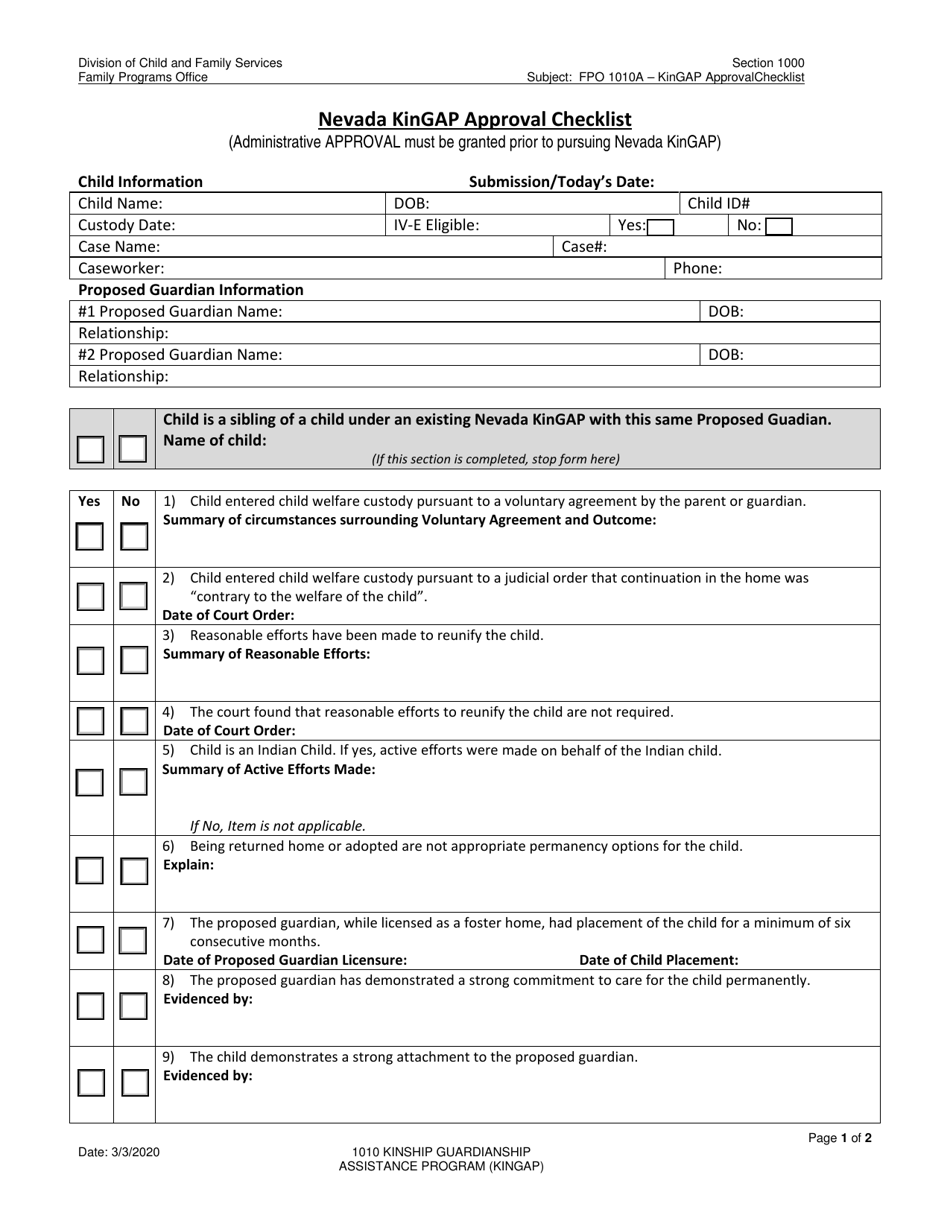 Nevada Kingap Approval Checklist - Nevada, Page 1