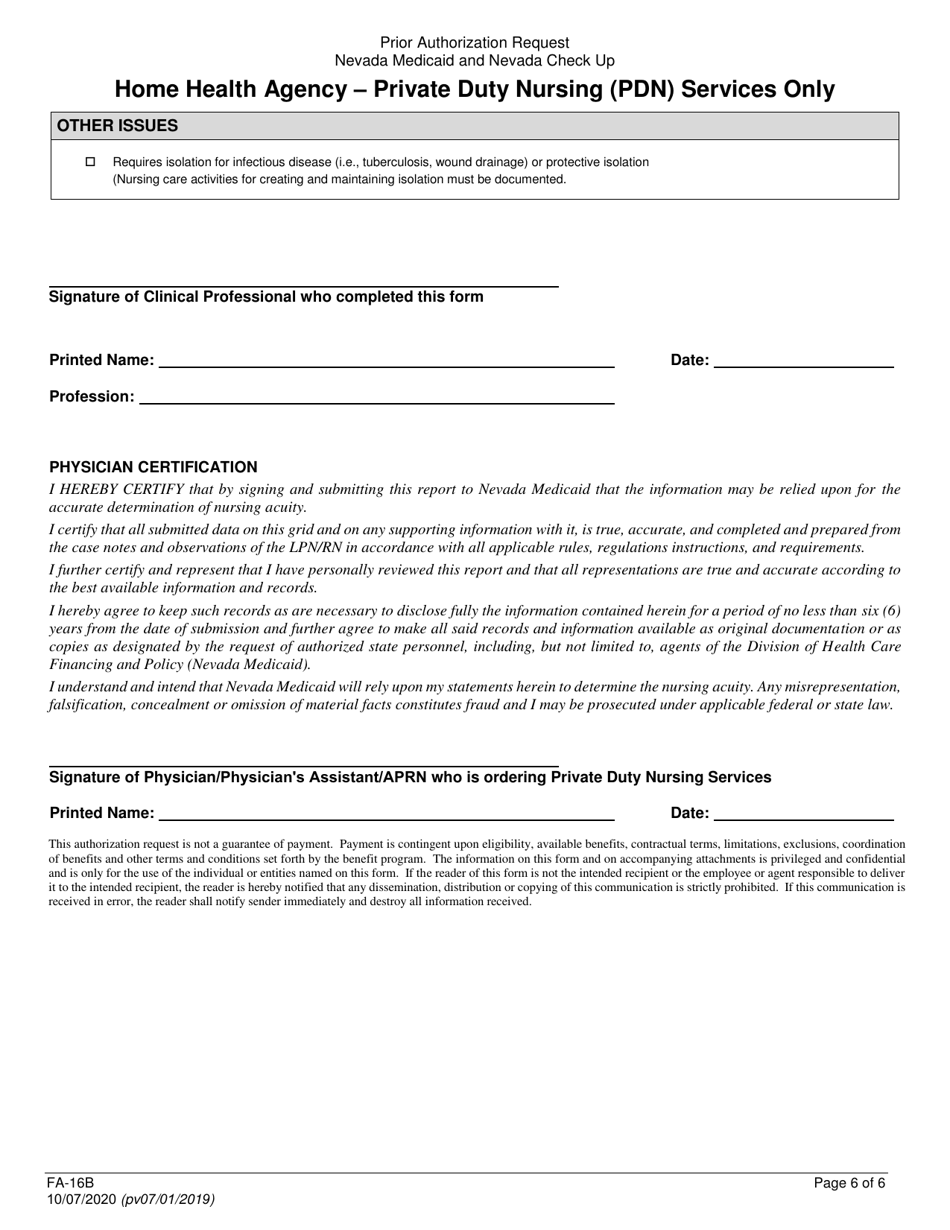 Form FA-16B Home Health Agency - Private Duty Nursing (Pdn) Services Only - Nevada, Page 6