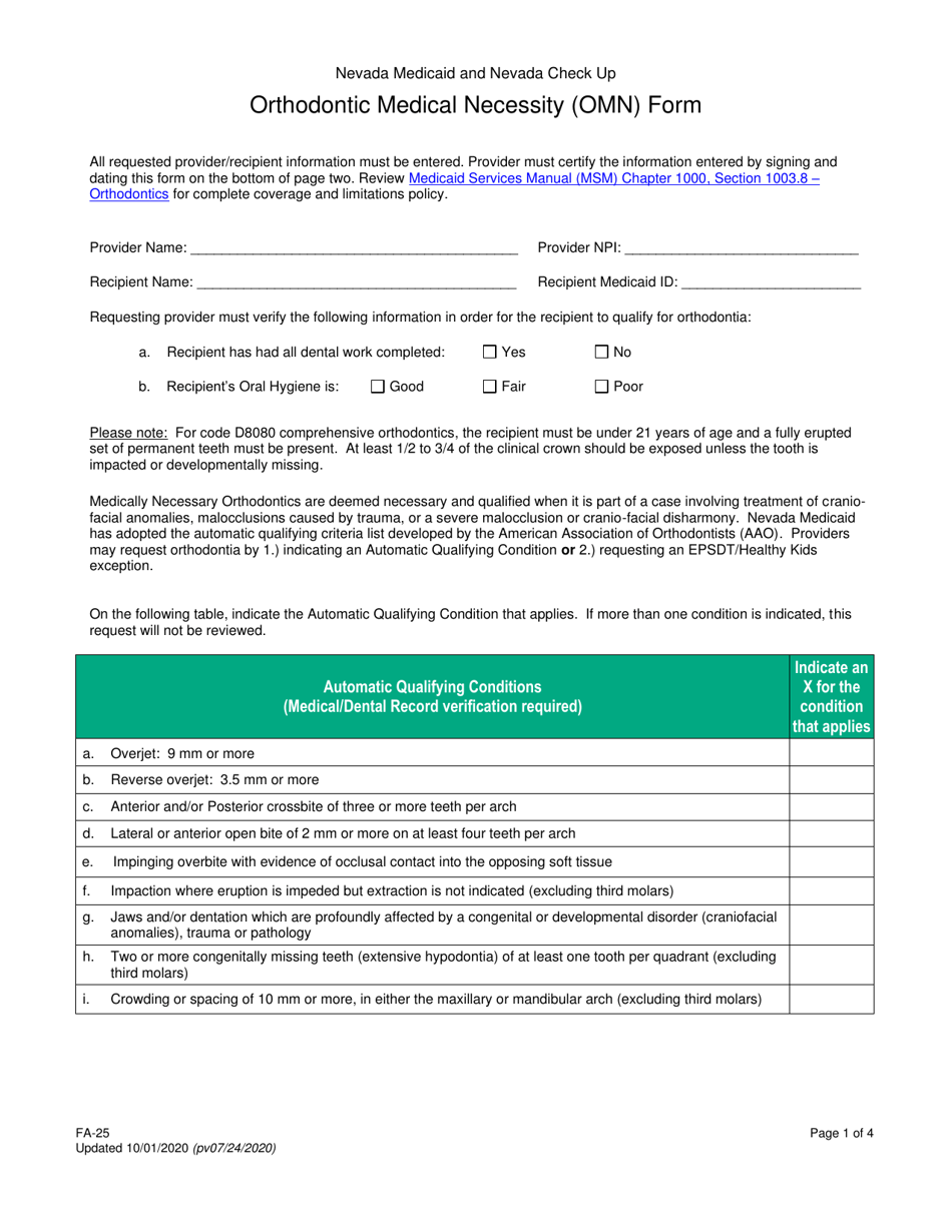 Form FA-25 Orthodontic Medical Necessity (Omn) Form - Nevada, Page 1